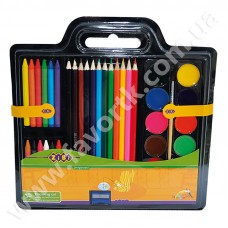 Набір (фарби, кольорові олівці, крейда воскова, пензель натуральний, стругалка)